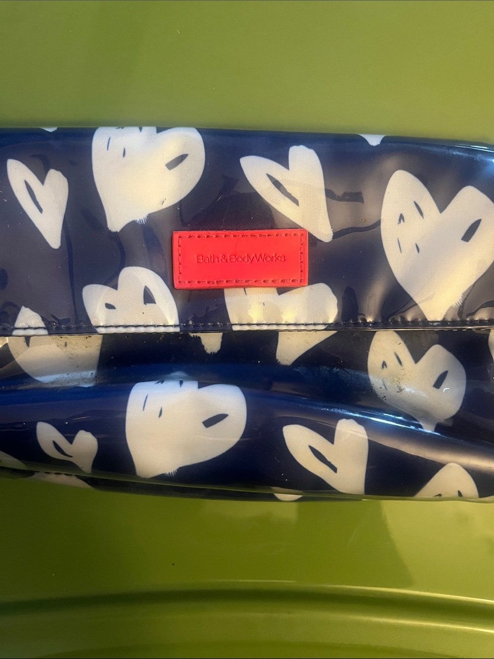 Bath & Body Works Navy Cosmetic Pouch with White Hearts and Red Logo